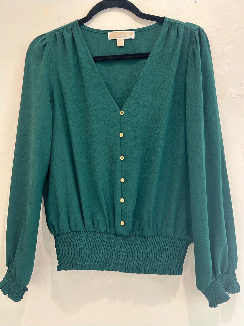 Michael Kors Teal Green V-Neck Smocked-Hem Blouse with Gold Buttons
